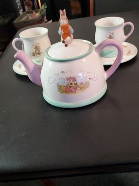 Pink Floral Porcelain Tea Set - Teapot with Two Cups & Saucers